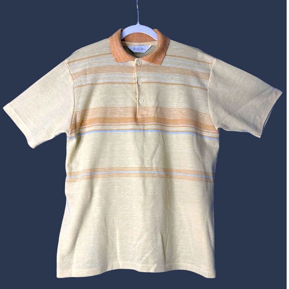 Vintage Mister Man Mens Butter Yellow Stripe Polo Sz S Retro Preppy 1970s Cotton